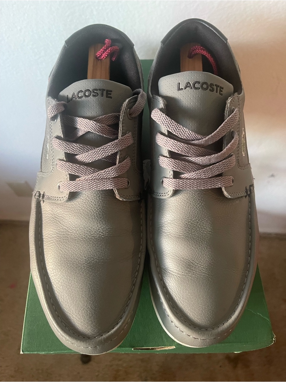 Lacoste Men's Taupe Leather Boat Shoes with Red  Accents